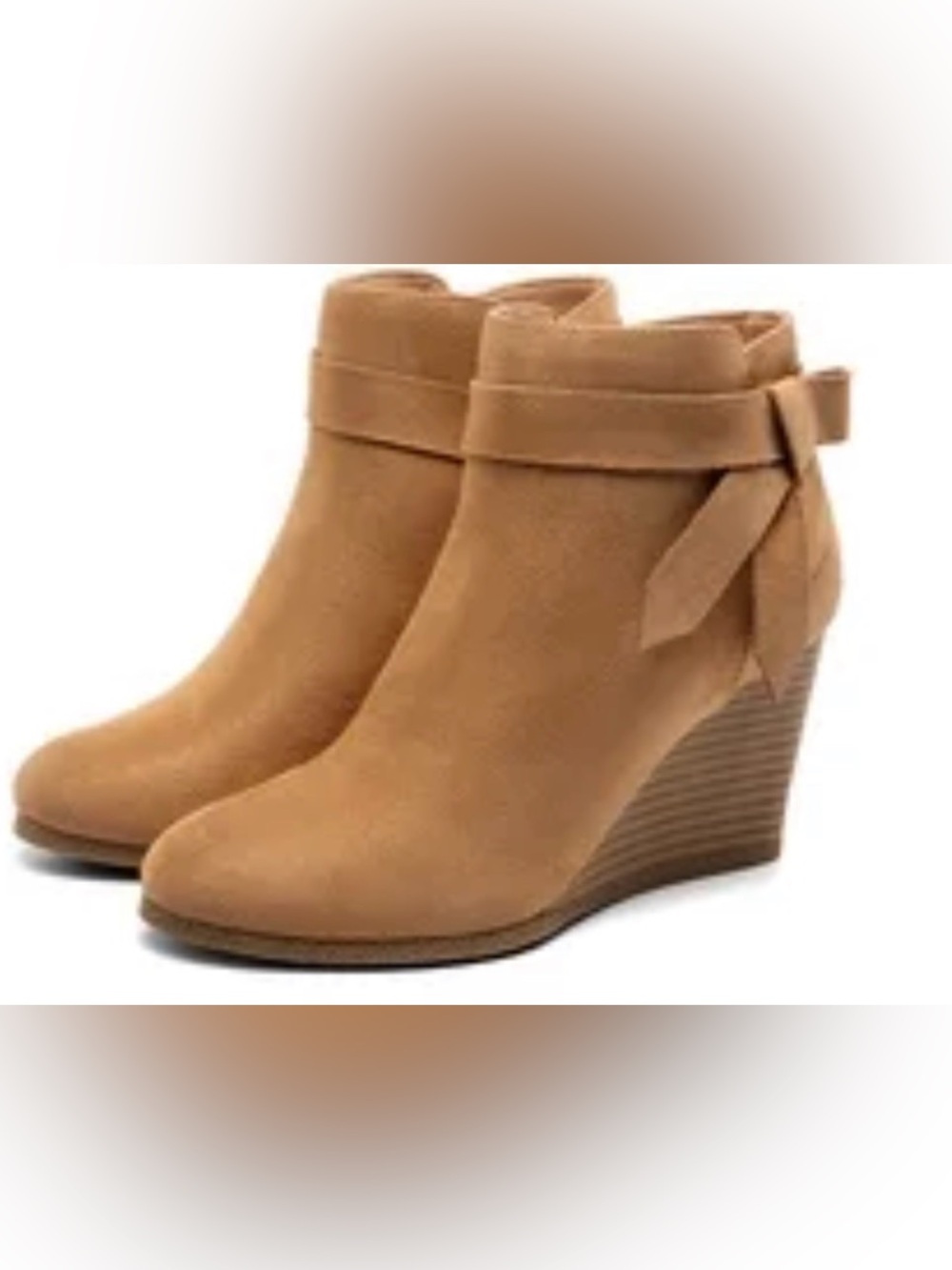 Women's Tan Suede Wedge Ankle Boots with Bow Accent